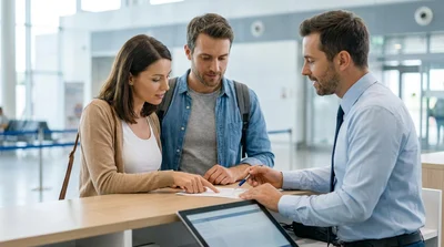 Person reviewing a car rental agreement at a modern desk in the United States