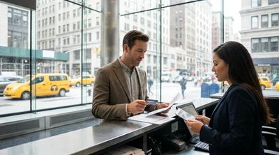 Close-up of hands holding a credit card and keys at a car rental desk in New York