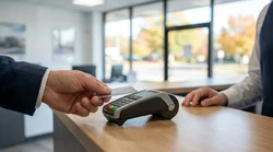 Close-up of a person handing a credit card to an agent at a car hire counter in Pennsylvania
