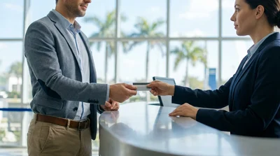 Close-up of hands passing a credit card to an agent at a car rental desk in Florida