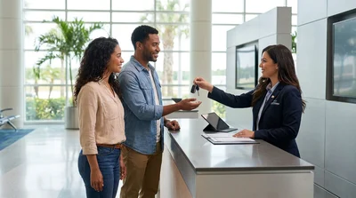 Close-up of a hand receiving car rental keys at a pick-up counter in Orlando