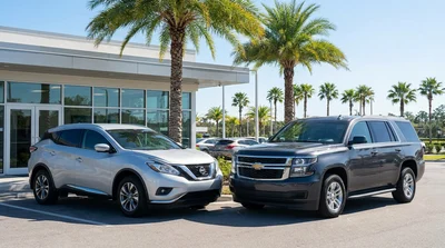 Silver standard and full-size SUVs parked side by side at an Orlando car hire lot under palm trees