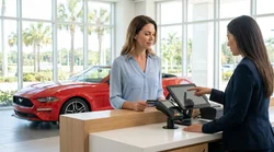 Person handing a credit card to an agent at a car hire desk in Florida