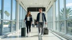 Passengers with luggage at a Miami Airport ride-share drop-off walking toward the car rental center