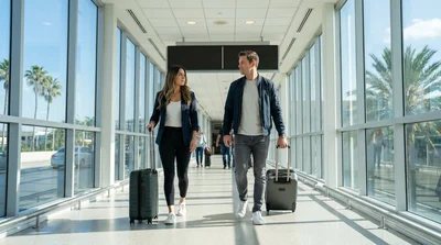 Passengers with luggage at a Miami Airport ride-share drop-off walking toward the car rental center