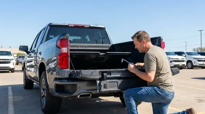 Person inspecting a spare tyre kit in the open trunk of a car rental parked on a sunny road in Texas