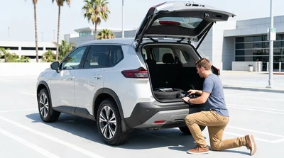 Driver checking the open trunk of a car rental parked on a sunny street in Los Angeles