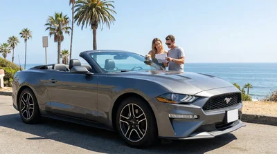 Front windshield and tire of a car rental parked on a scenic coastal highway in California