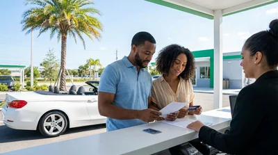 Couple handing a credit card to an agent at a car hire counter in Florida