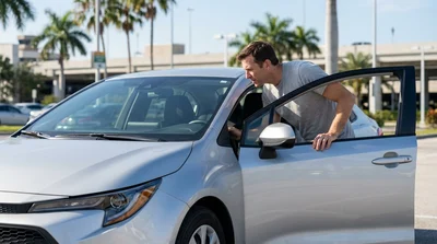 Close-up of a toll transponder attached to the windshield of a car rental in Florida