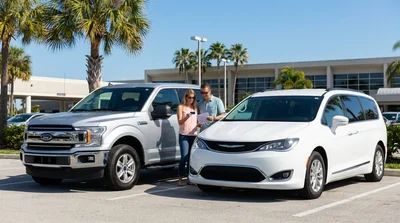 White car hire pickup truck parked on a sunny Florida beach with palm trees