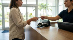 Customer handing a prepaid credit card to a staff member at a car hire desk in Florida