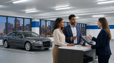 Business professional handing a credit card to an agent at a New York car rental counter