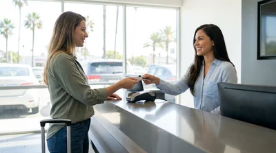 Customer handing a credit card to a desk agent for a car hire in Los Angeles