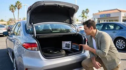 Person inspecting a spare tyre in the trunk of a car rental parked on a sunny road in California