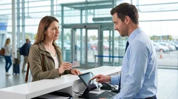 Hands exchanging keys over a counter at a car rental office in Pennsylvania