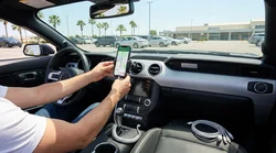 Smartphone on a dashboard mount with a charging cable inside a car rental in Miami