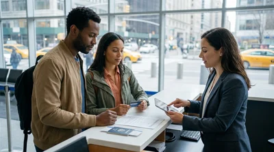 Person handing documents to a staff member at a New York car rental desk
