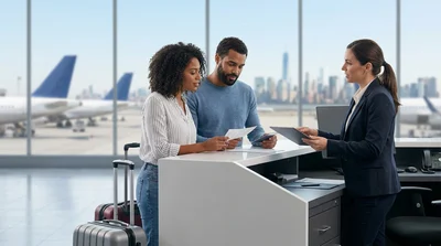 Traveler with luggage approaching a car rental desk at an airport in New York