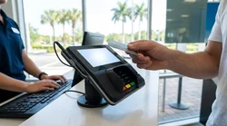 Person entering a ZIP code into a credit card terminal at a Florida car rental desk