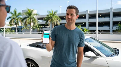 Person showing a smartphone screen next to a white vehicle at a Miami car rental lot