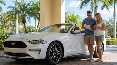 White car rental parked on a scenic coastal road lined with palm trees in sunny Florida
