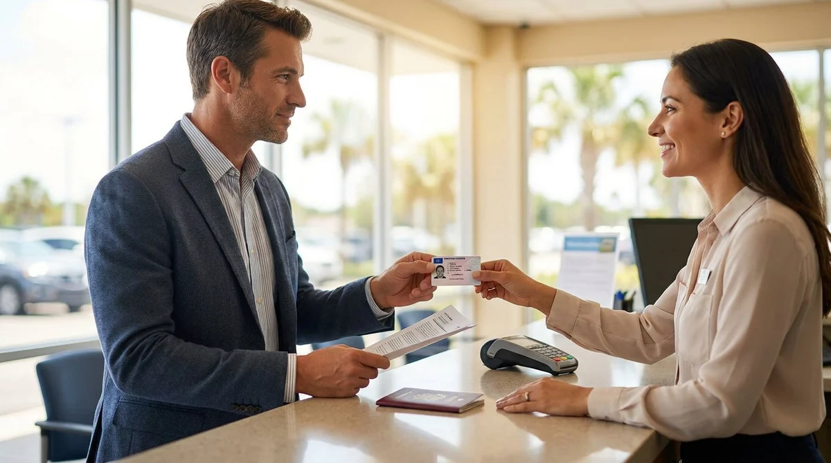 Close up of a hand holding a UK driving licence at a Florida car rental desk