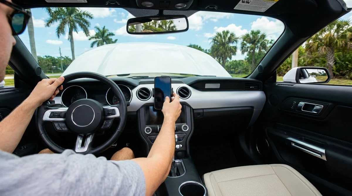 Smartphone displaying GPS in a dashboard mount inside a Florida car rental driving past palm trees