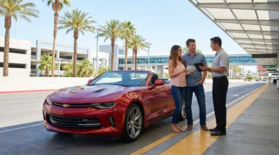 Customer receiving keys for a car rental at an airport desk in Las Vegas