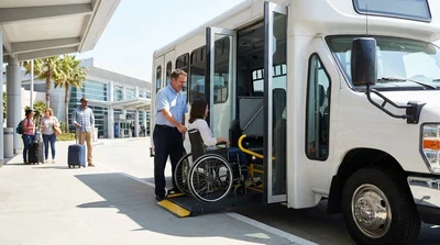 Wheelchair-accessible shuttle bus parked at a car rental pickup area in Los Angeles