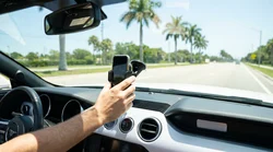 Smartphone attached to a windshield phone holder inside a car rental on a sunny Florida street