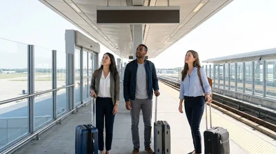 Traveler walking with luggage towards the car rental signs at San Francisco International Airport