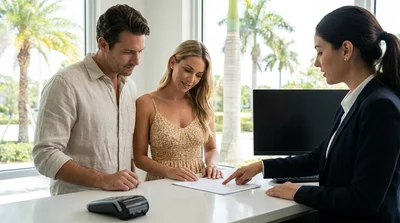 Close up of a person signing paperwork for a car hire at a sunlit desk in Florida