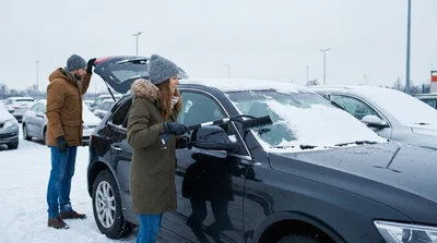 Person using an ice scraper to clear snow from a car rental windshield on a New York street