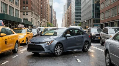 Driver navigating a car rental through heavy traffic on a busy New York street