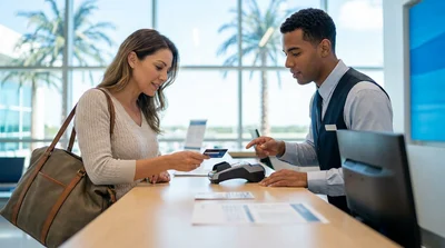 Close-up of a person handing a credit card to an agent at a car hire desk in Florida