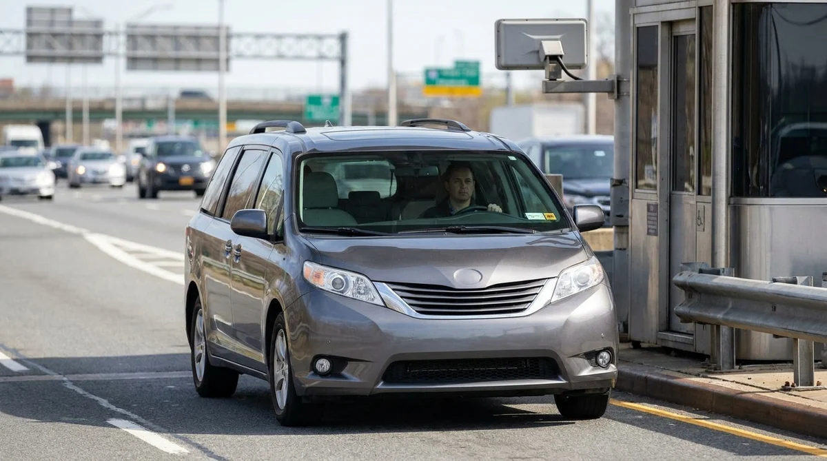 A silver car rental passing through an E-ZPass toll booth in New York