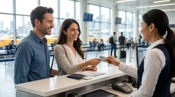 A person handing a credit card to an agent at a New York car rental counter