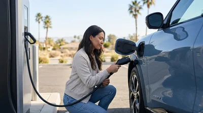 A close-up of an EV charging connector plugged into a white electric car rental in California