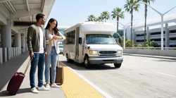 White car rental shuttle bus picking up travelers at the Los Angeles airport terminal
