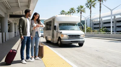 White car rental shuttle bus picking up travelers at the Los Angeles airport terminal