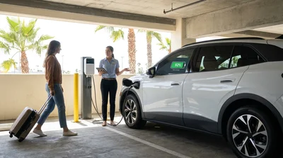 Person unplugging a white electric car rental from a public charging station in sunny California