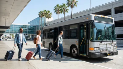 Passengers with luggage waiting for a car rental shuttle at the LAX rideshare drop-off in Los Angeles