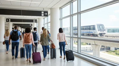 Travelers walking with luggage past a sign for the car rental center inside Miami Airport