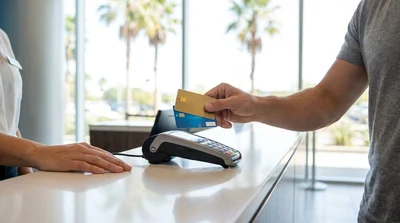 Person handing a credit card to an agent at a car hire counter in Miami