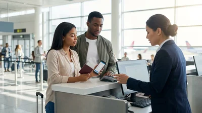 Traveler with luggage standing at an airport car rental counter in San Francisco