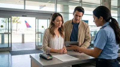 Customer reviewing a printed contract at a Los Angeles airport car rental desk