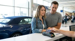 Person handing a credit card to an agent across a car hire counter in the United States