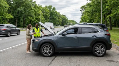 Driver standing next to a car rental with an open hood on a New York street
