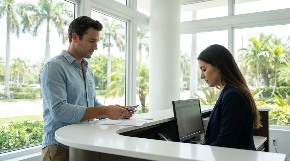 Customer handing a credit card to a car hire agent at a service counter in Miami